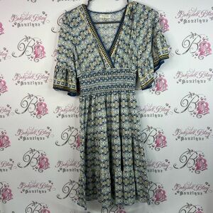 Max Studio dress Vneck smocked flowy sleeve Blue and Yellow Patterned Midi Dress